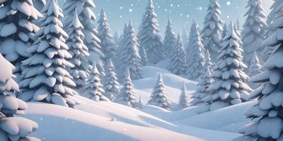 The primary subject of the image is a snowy forest with a group of pine trees. The setting is a snow-covered landscape, and the visual style appears to be a digital art or illustration. The dominant colors in the image are white and gray, creating a serene and wintry atmosphere.